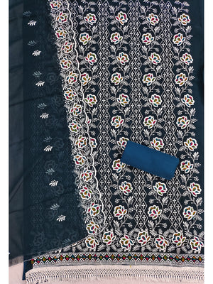 Peachmode Navy Blue Floral Thread Work Georgette Dress Material - Image 2