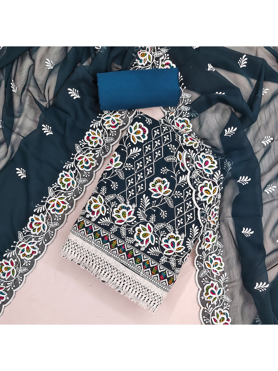 Peachmode Navy Blue Floral Thread Work Georgette Dress Material - Image 4