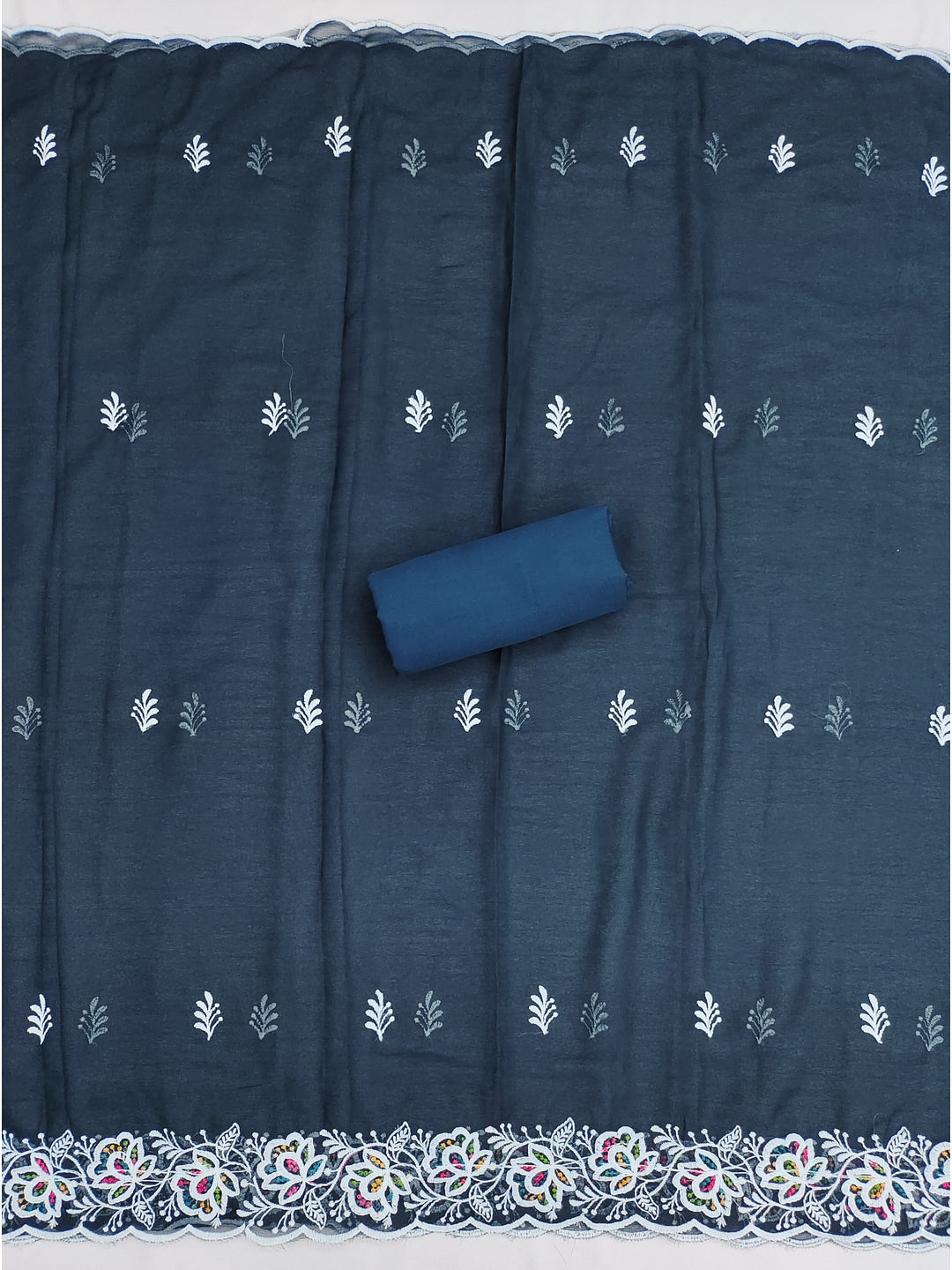 Peachmode Navy Blue Floral Thread Work Georgette Dress Material - Image 5