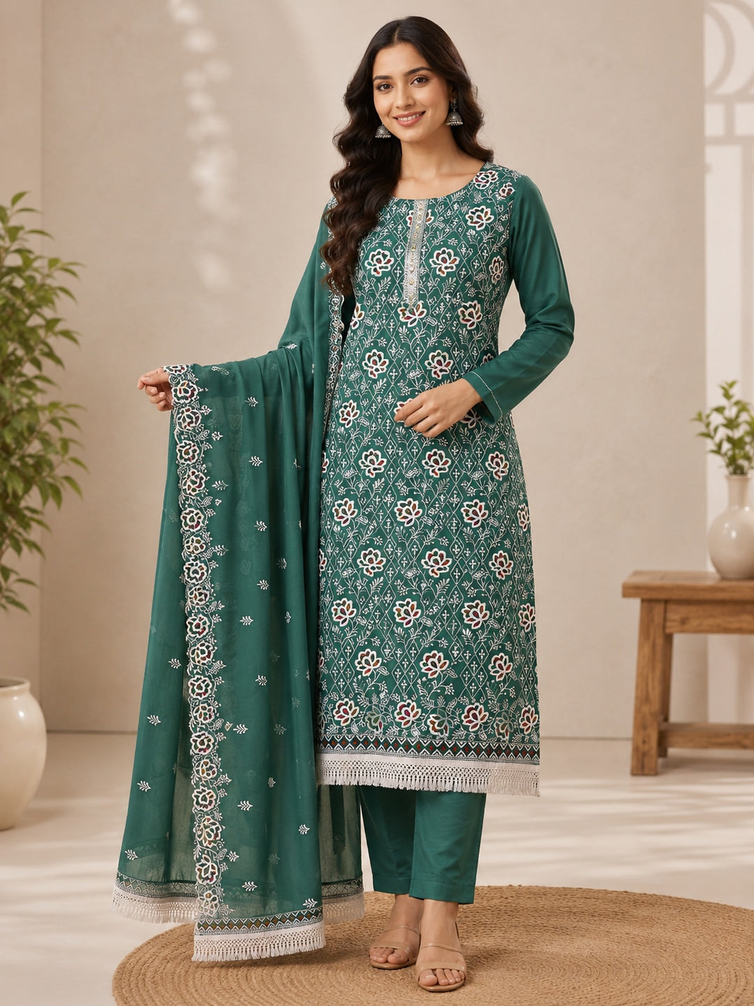 Peachmode Rama Green Floral Thread Work Georgette Dress Material - Image 2