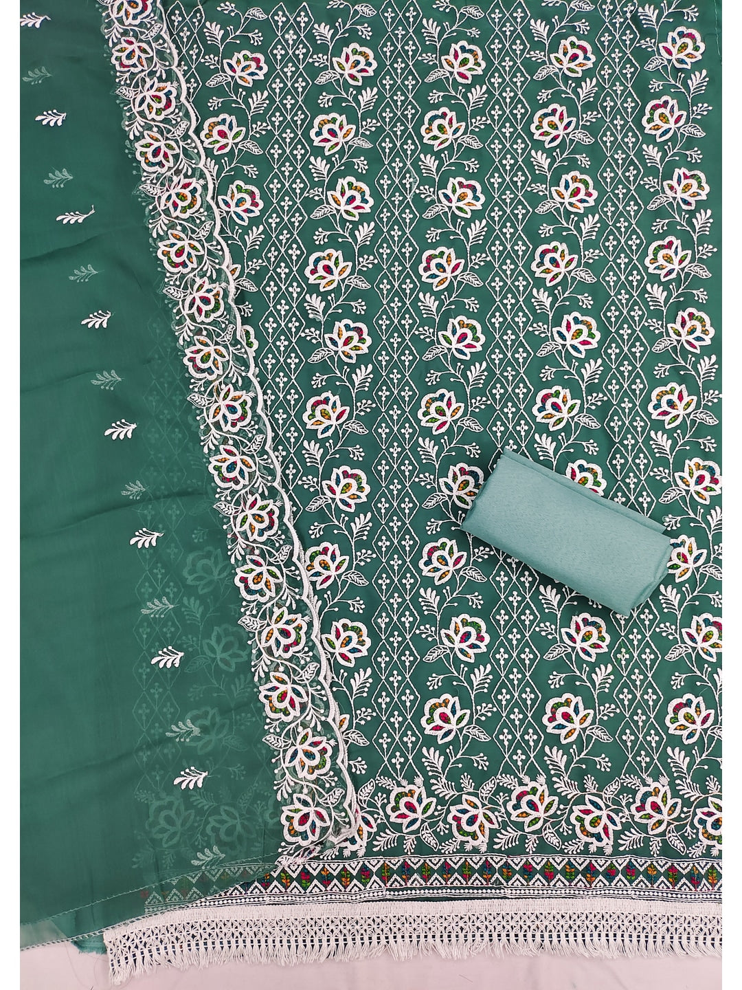 Peachmode Rama Green Floral Thread Work Georgette Dress Material - Image 3