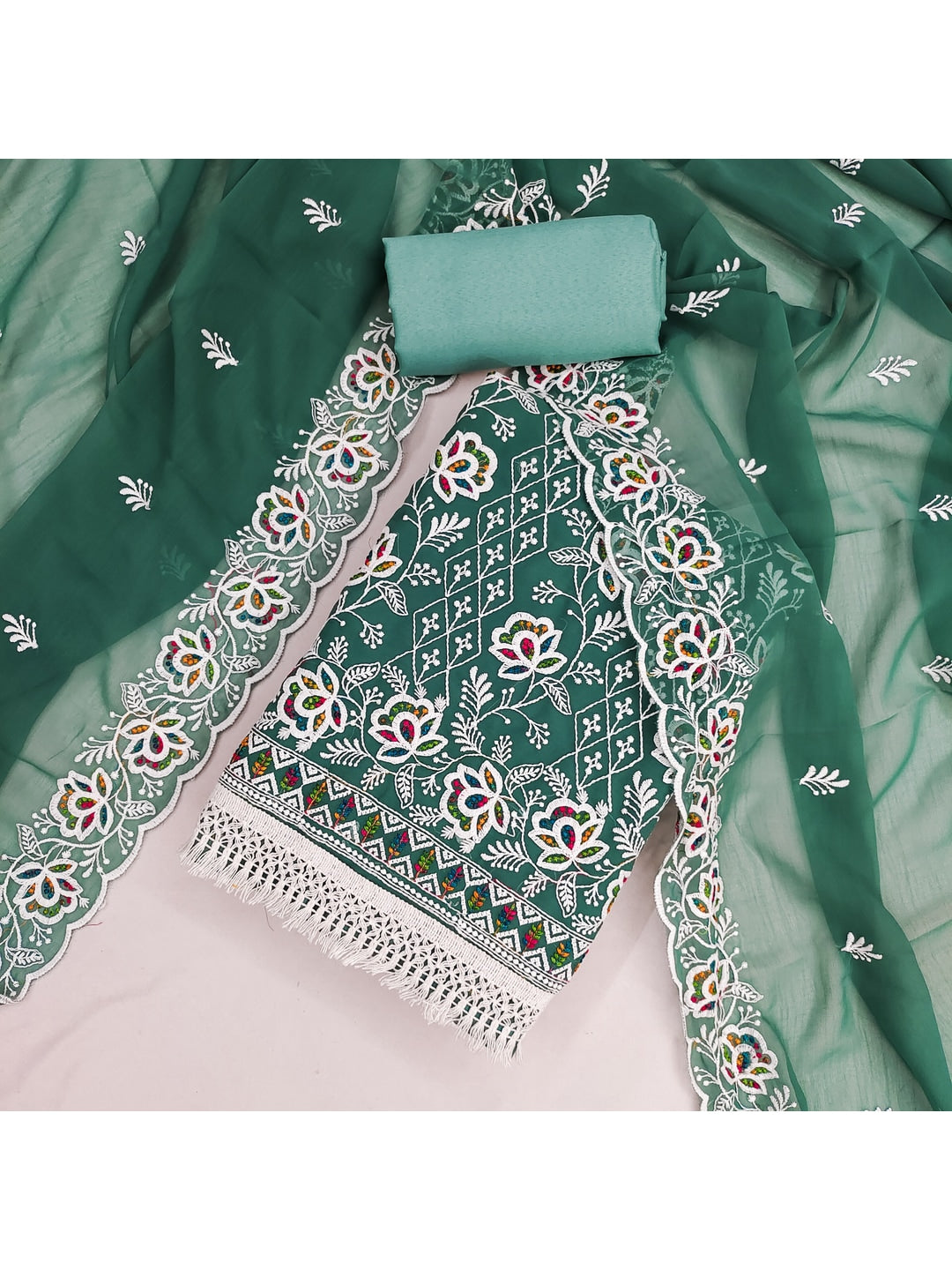 Peachmode Rama Green Floral Thread Work Georgette Dress Material - Image 5