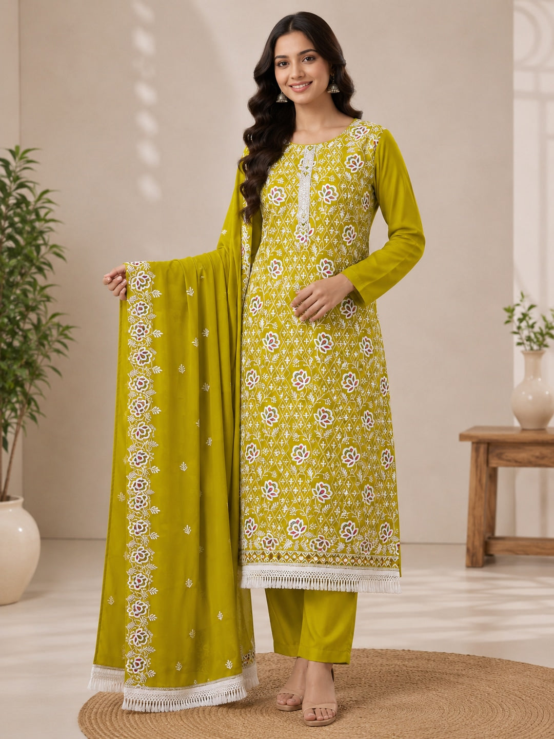 Peachmode Olive Floral Thread Work Georgette Dress Material - Image 2