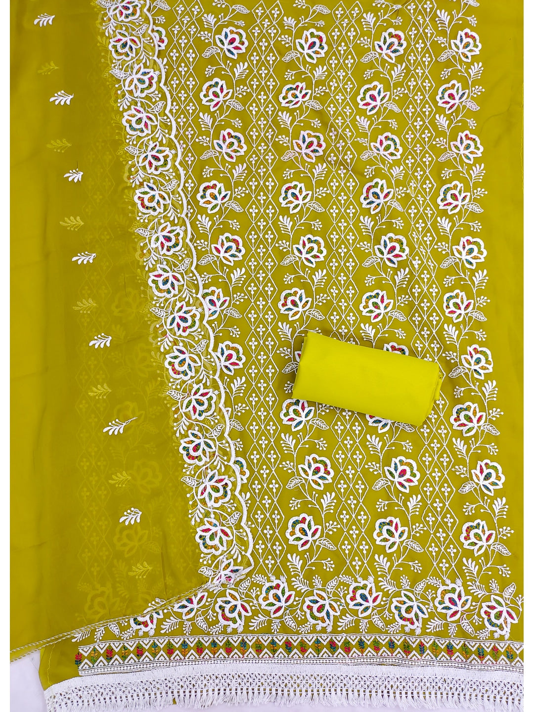 Peachmode Olive Floral Thread Work Georgette Dress Material - Image 3