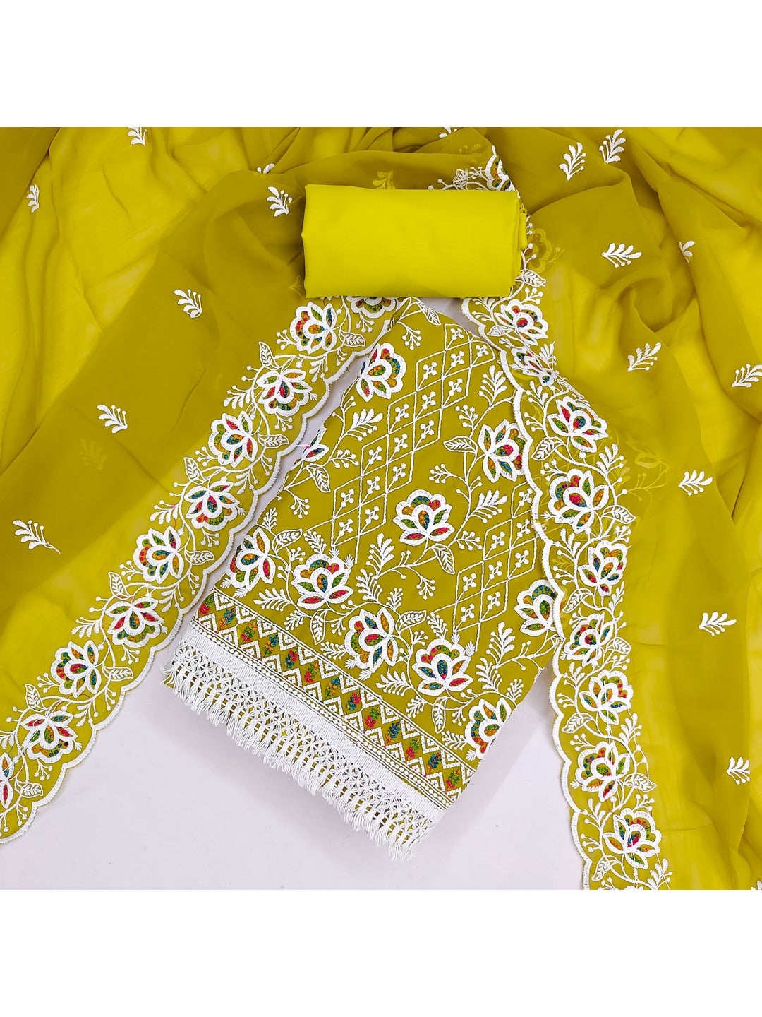 Peachmode Olive Floral Thread Work Georgette Dress Material - Image 4