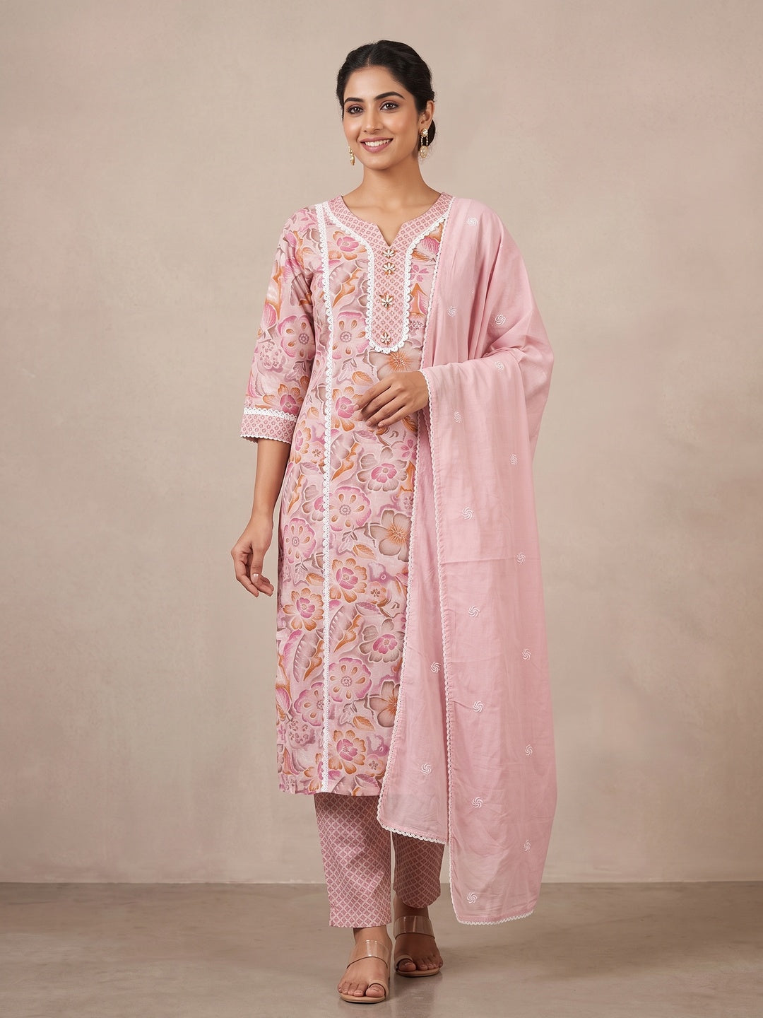 Pink Pure Cotton Floral Printed Embellished Salwar Suit Set - Image 1