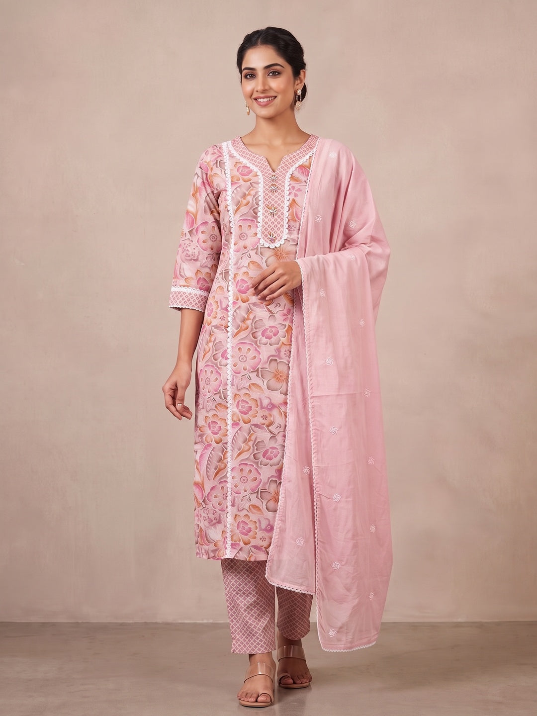 Pink Pure Cotton Floral Printed Embellished Salwar Suit Set - Image 2
