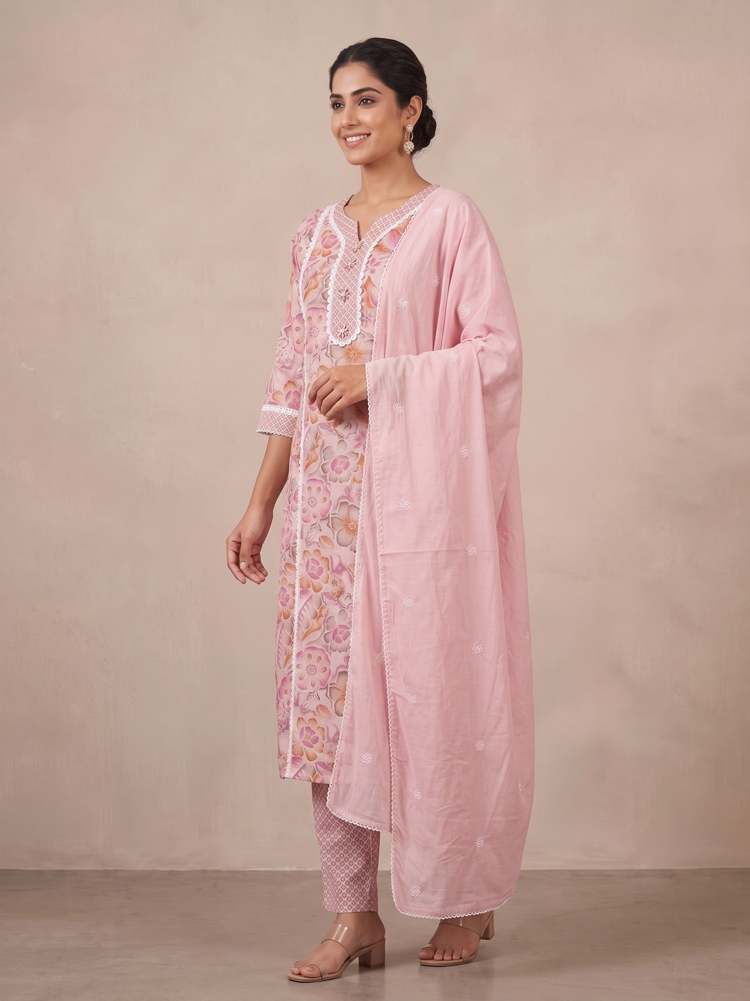 Pink Pure Cotton Floral Printed Embellished Salwar Suit Set - Image 3