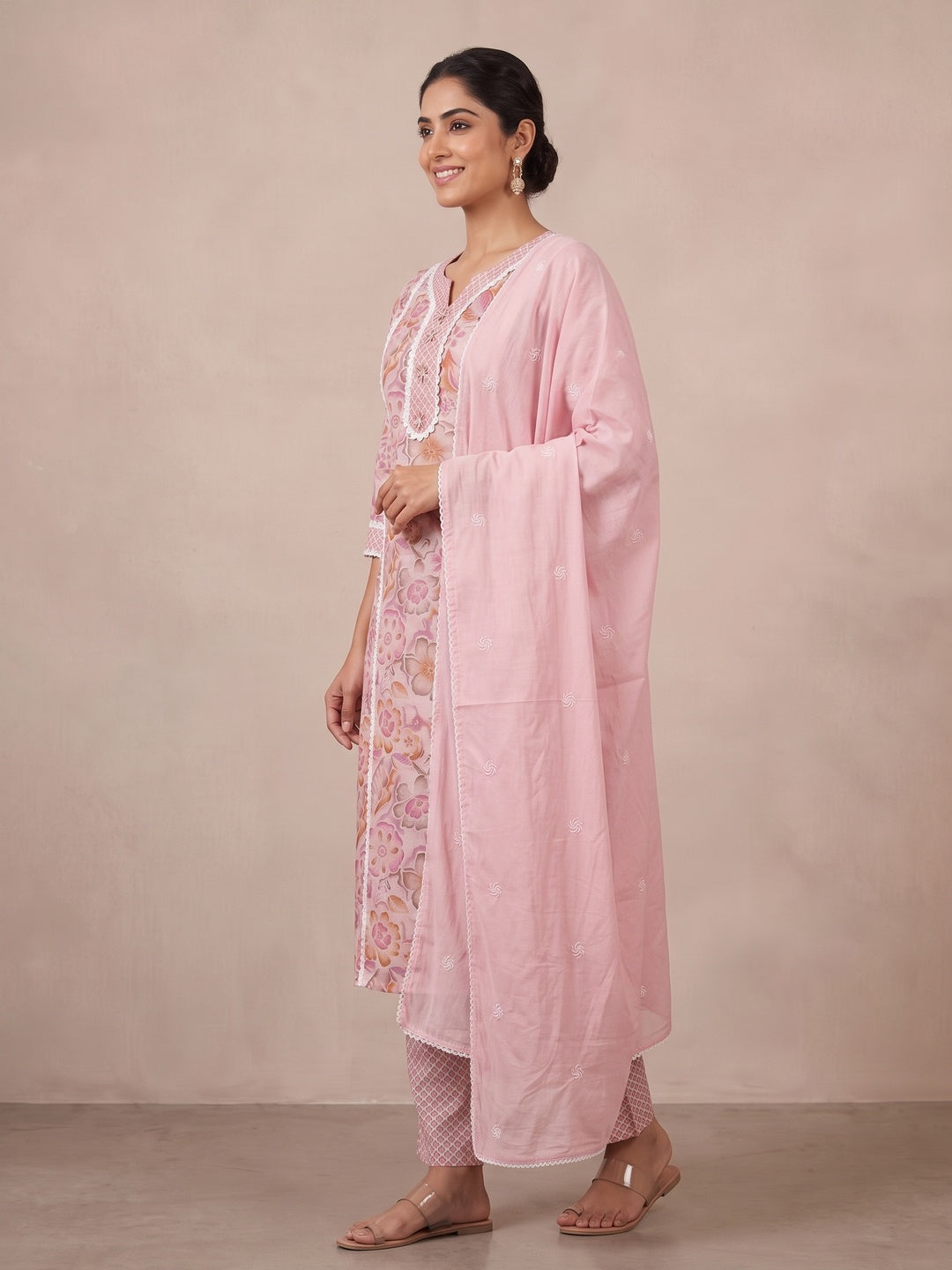 Pink Pure Cotton Floral Printed Embellished Salwar Suit Set - Image 4