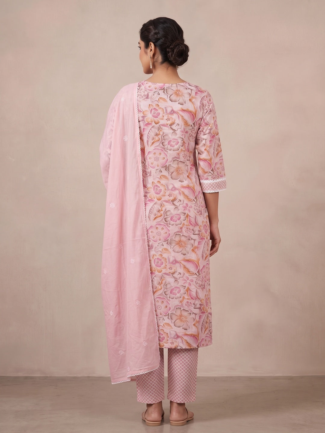 Pink Pure Cotton Floral Printed Embellished Salwar Suit Set - Image 5