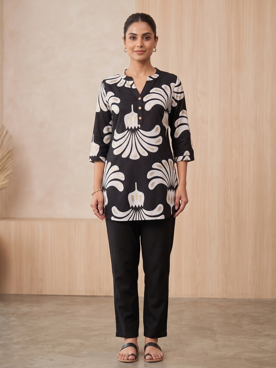 Black Rayon Ethnic Motif Printed Top - Image 2
