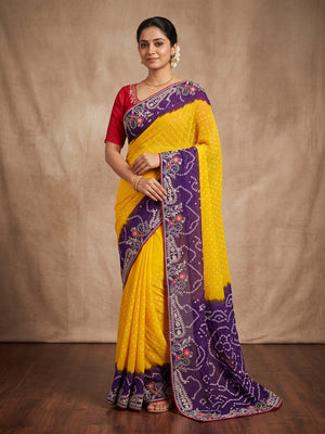 Peachmode Yellow and Blue Georgette Bandhani Embroidered Saree - Image 1