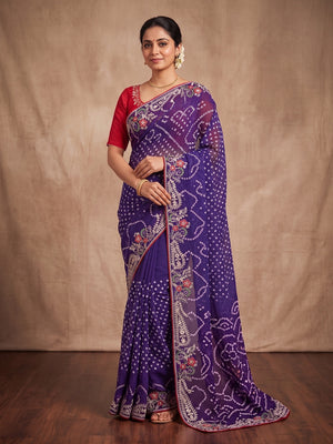 Peachmode Yellow and Blue Georgette Bandhani Embroidered Saree - Image 2