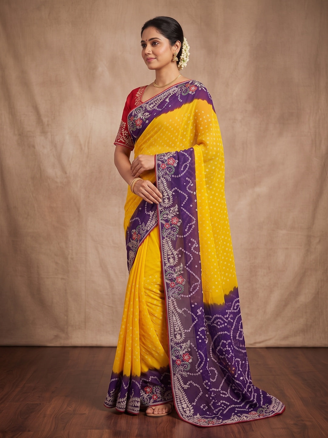 Peachmode Yellow and Blue Georgette Bandhani Embroidered Saree - Image 3