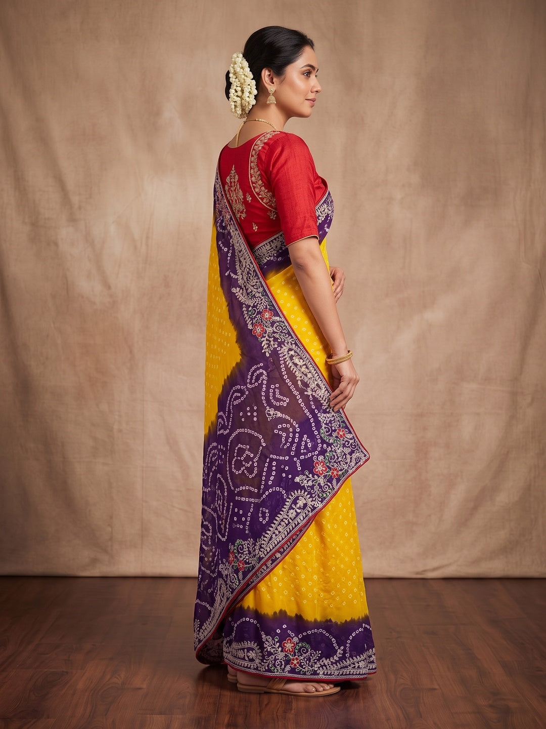 Peachmode Yellow and Blue Georgette Bandhani Embroidered Saree - Image 4