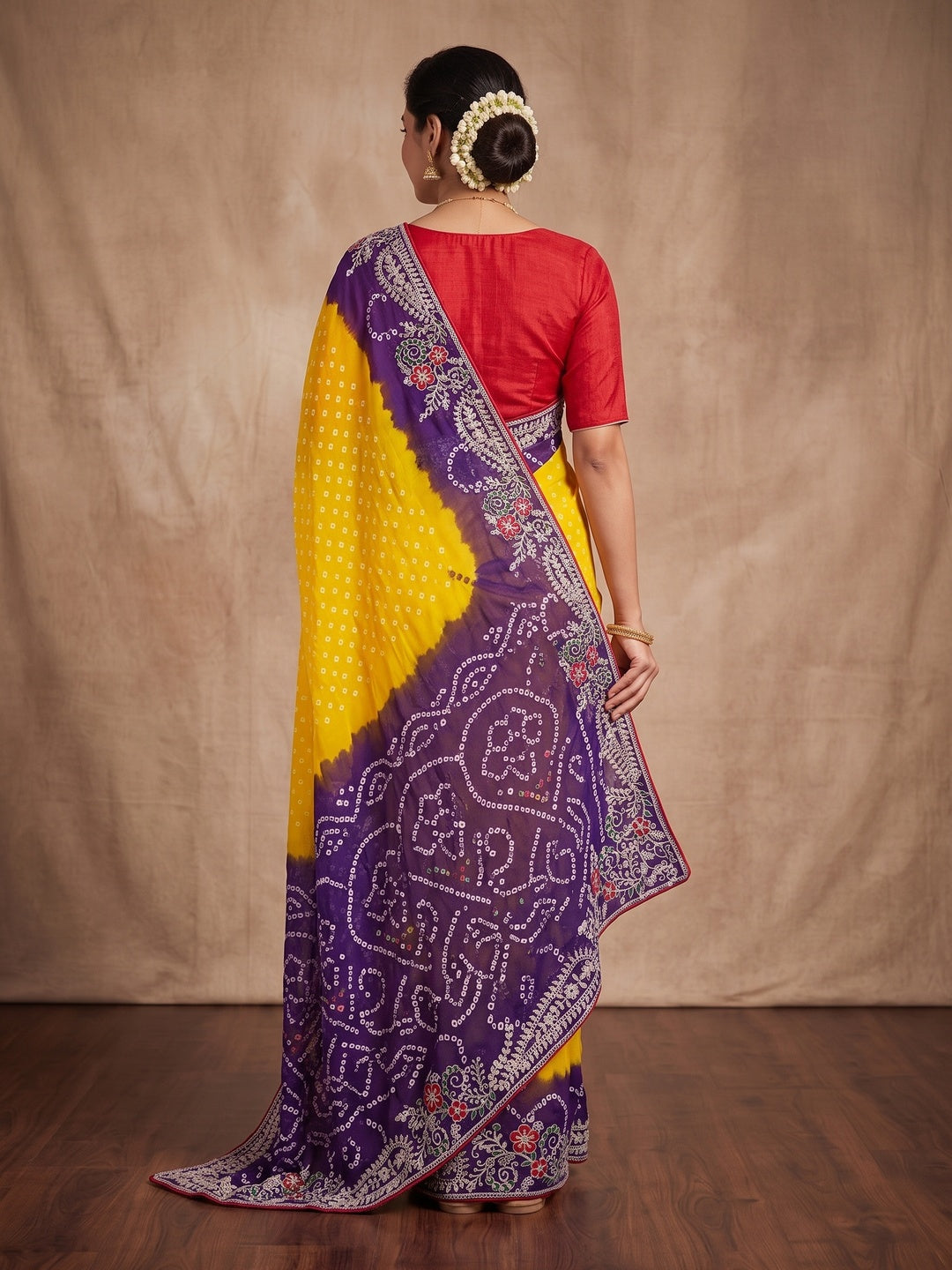 Peachmode Yellow and Blue Georgette Bandhani Embroidered Saree - Image 5