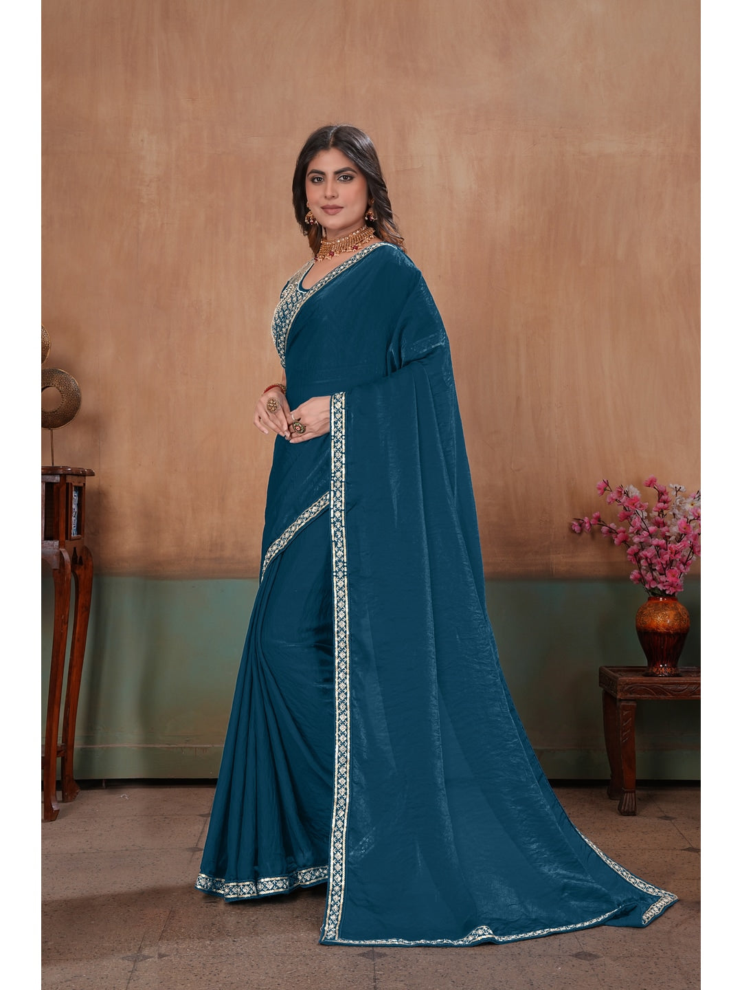 Peachmode Teal Blue Embroidered Fendy Satin Saree With Stitched Blouse - Image 2