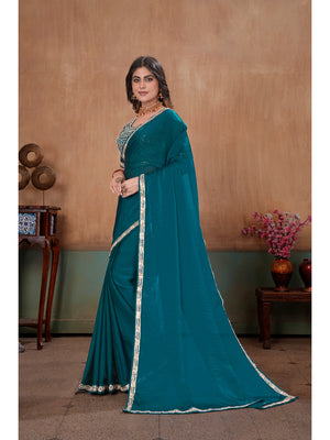 Peachmode Teal Blue Embroidered Fendy Satin Saree With Stitched Blouse - Image 2