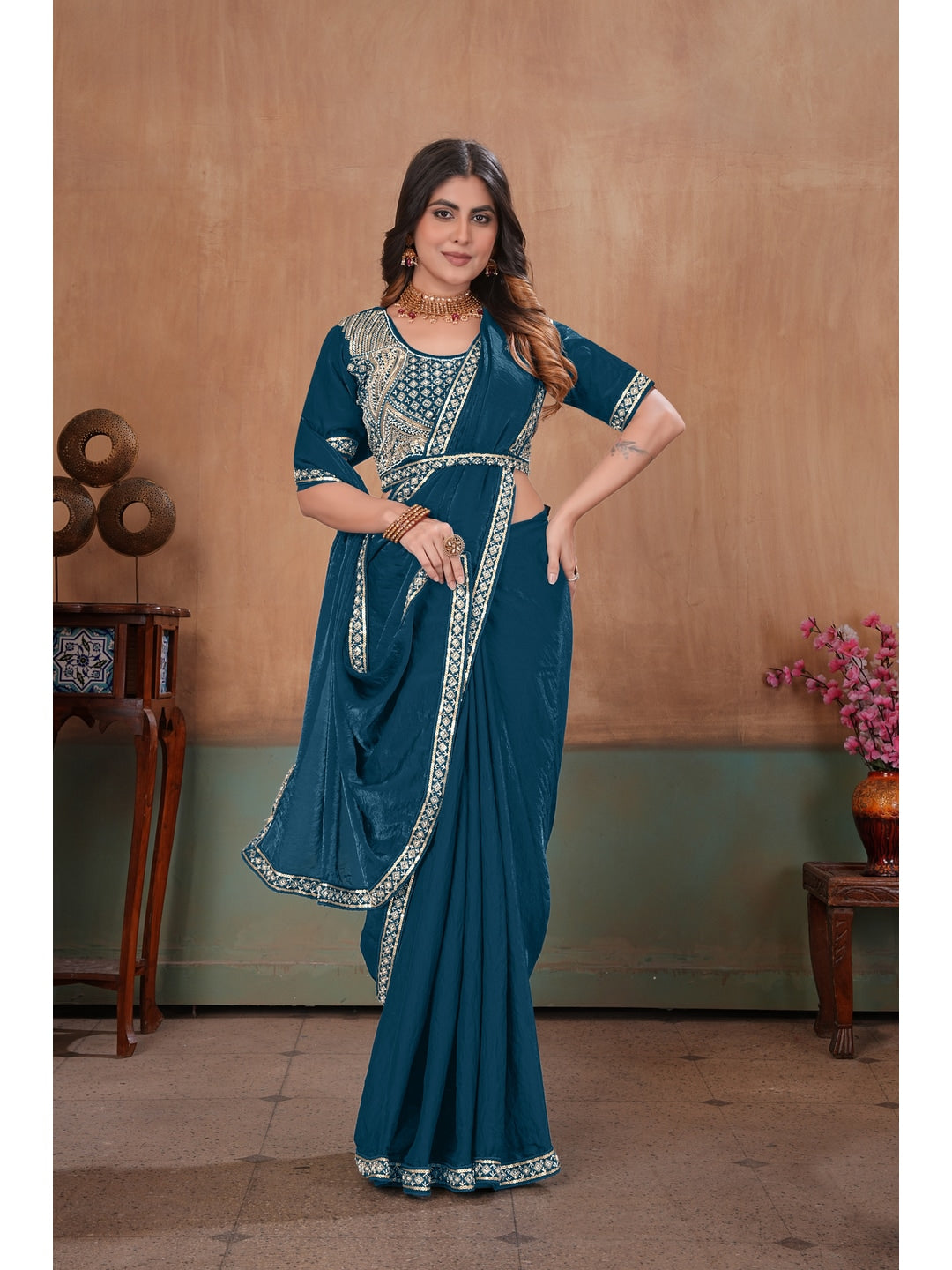 Peachmode Teal Blue Embroidered Fendy Satin Saree With Stitched Blouse - Image 3