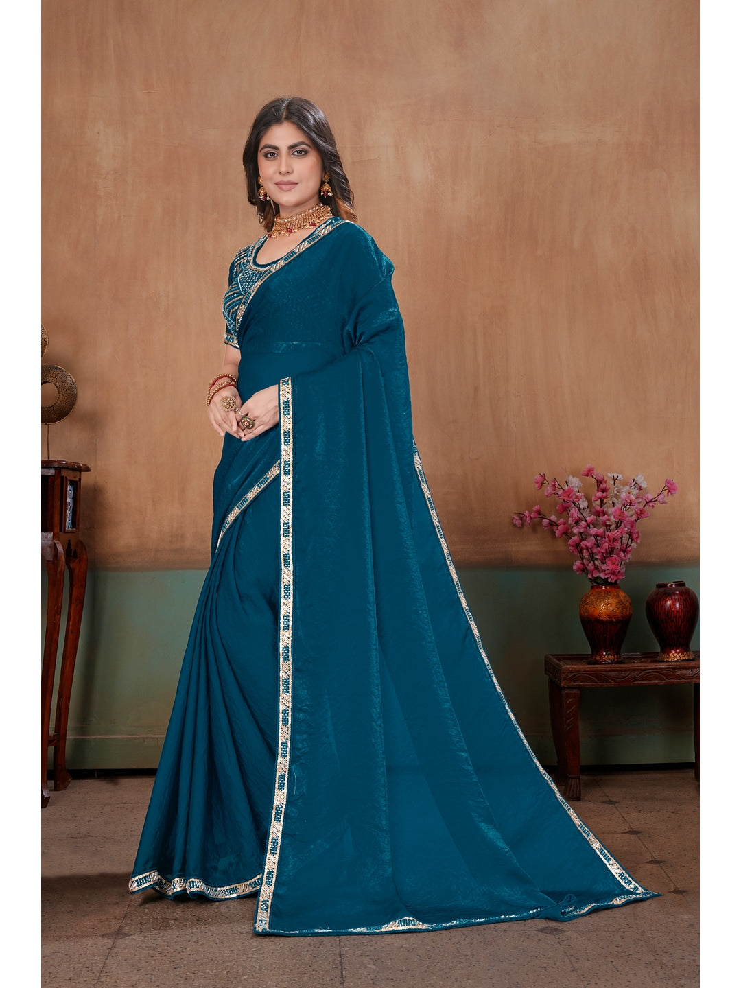 Peachmode Teal Blue Embroidered Fendy Satin Saree With Stitched Blouse - Image 2
