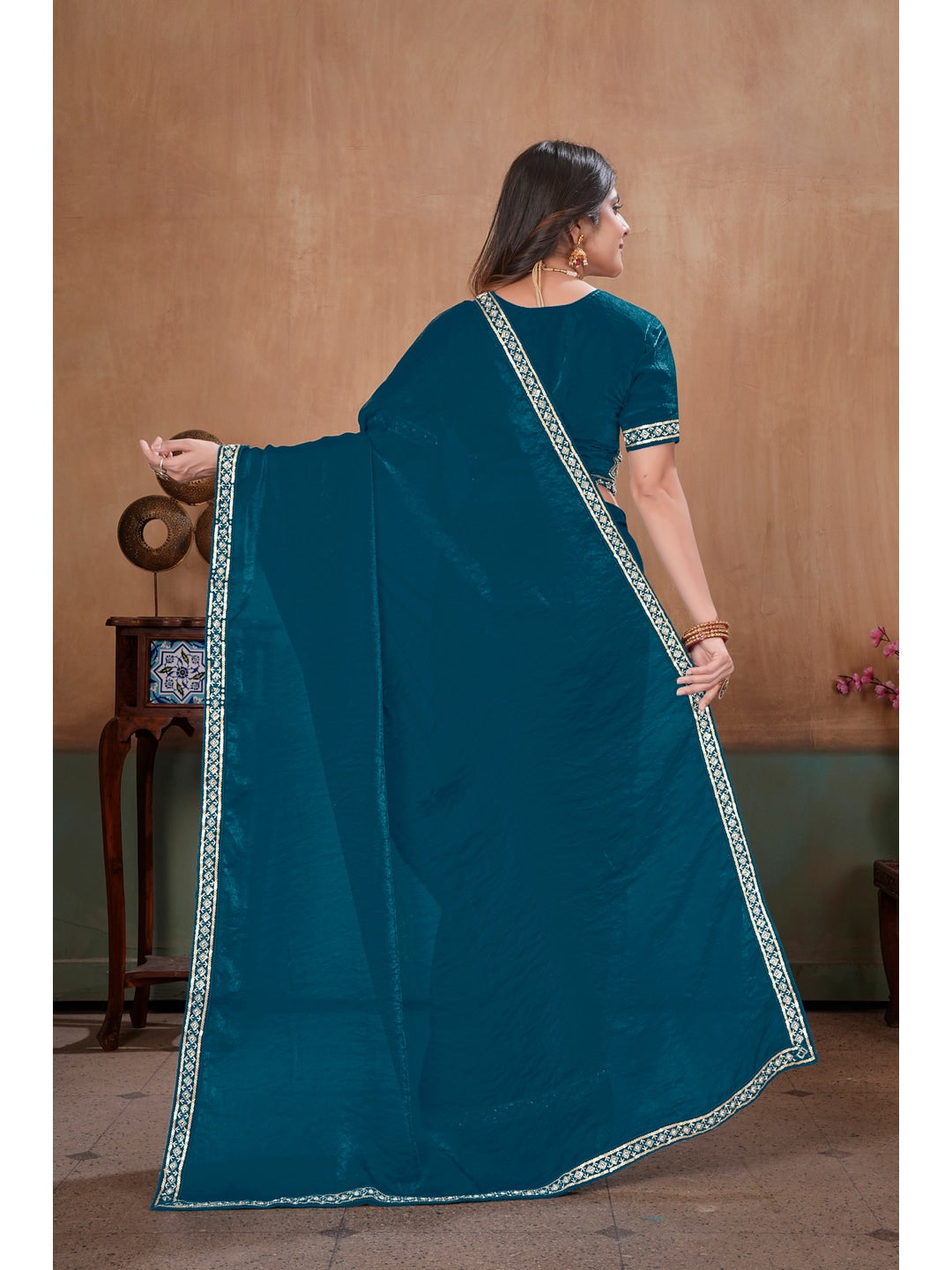 Peachmode Teal Blue Embroidered Fendy Satin Saree With Stitched Blouse - Image 4