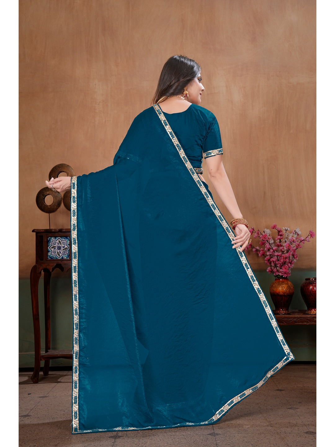 Peachmode Teal Blue Embroidered Fendy Satin Saree With Stitched Blouse - Image 3