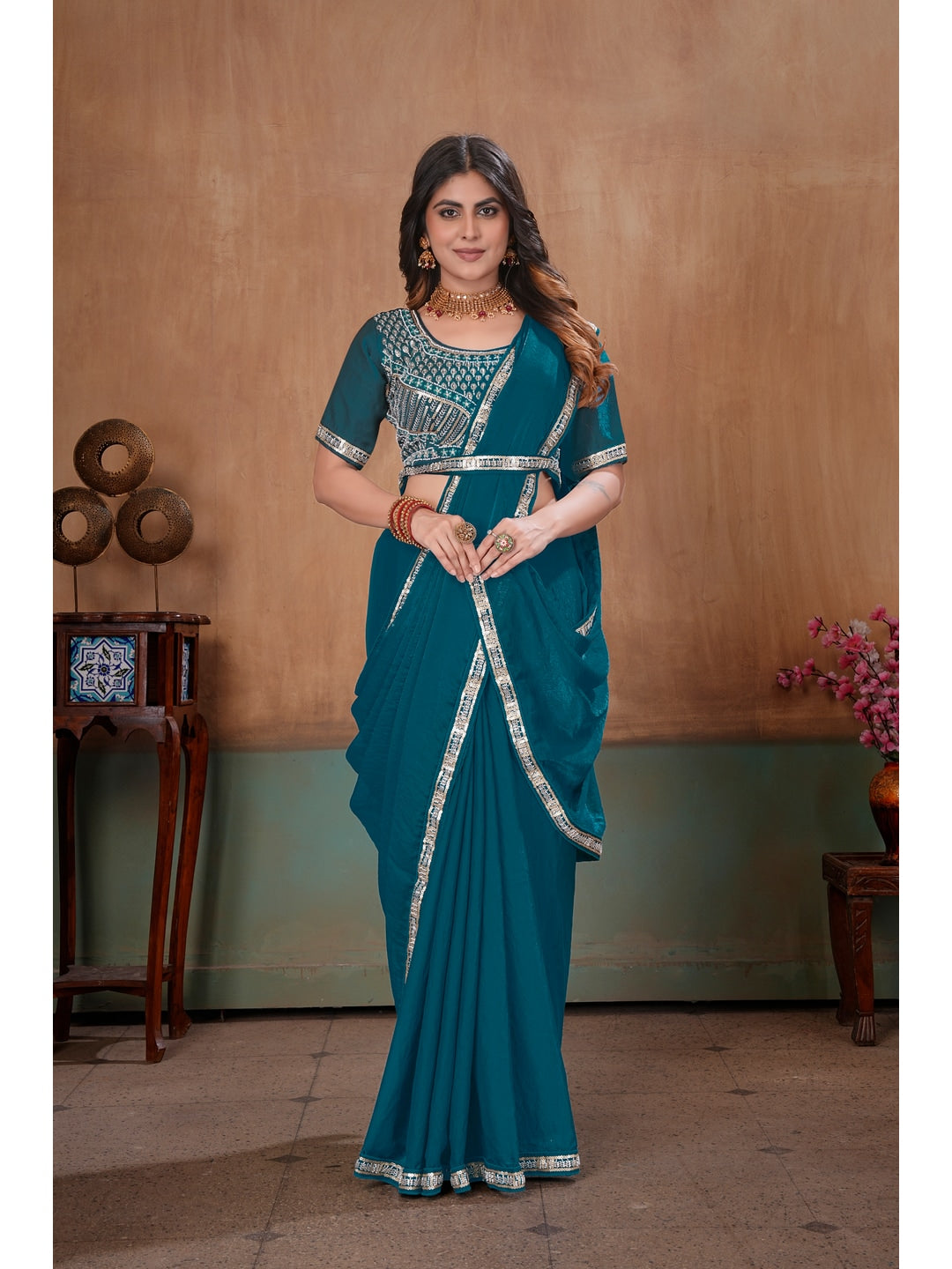 Peachmode Teal Blue Embroidered Fendy Satin Saree With Stitched Blouse - Image 4