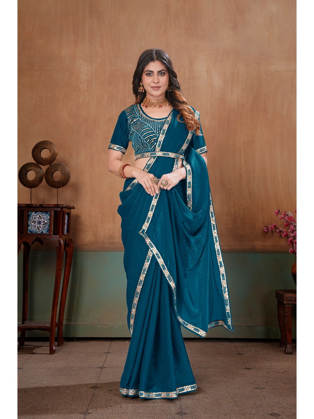 Peachmode Teal Blue Embroidered Fendy Satin Saree With Stitched Blouse - Image 4