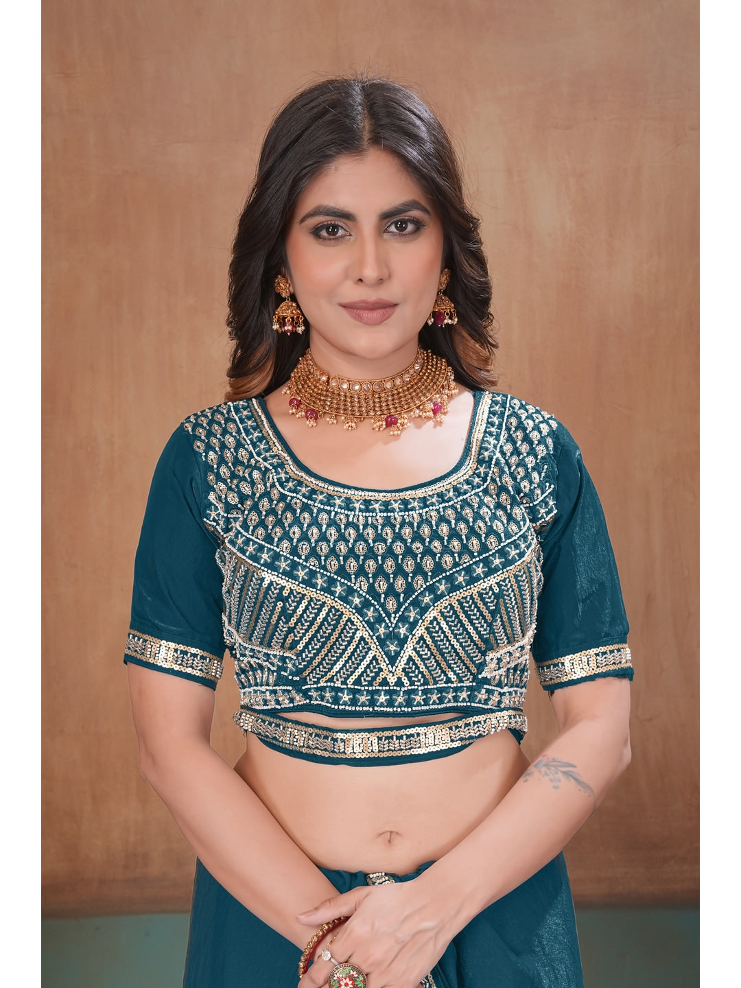 Peachmode Teal Blue Embroidered Fendy Satin Saree With Stitched Blouse - Image 5