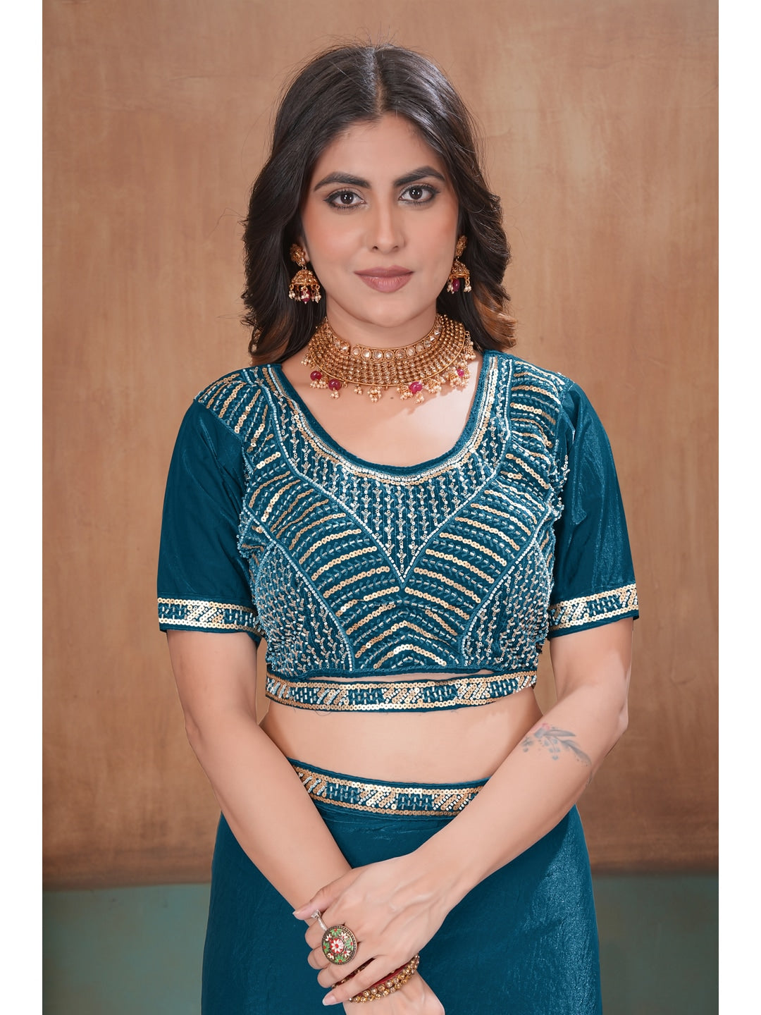 Peachmode Teal Blue Embroidered Fendy Satin Saree With Stitched Blouse - Image 5