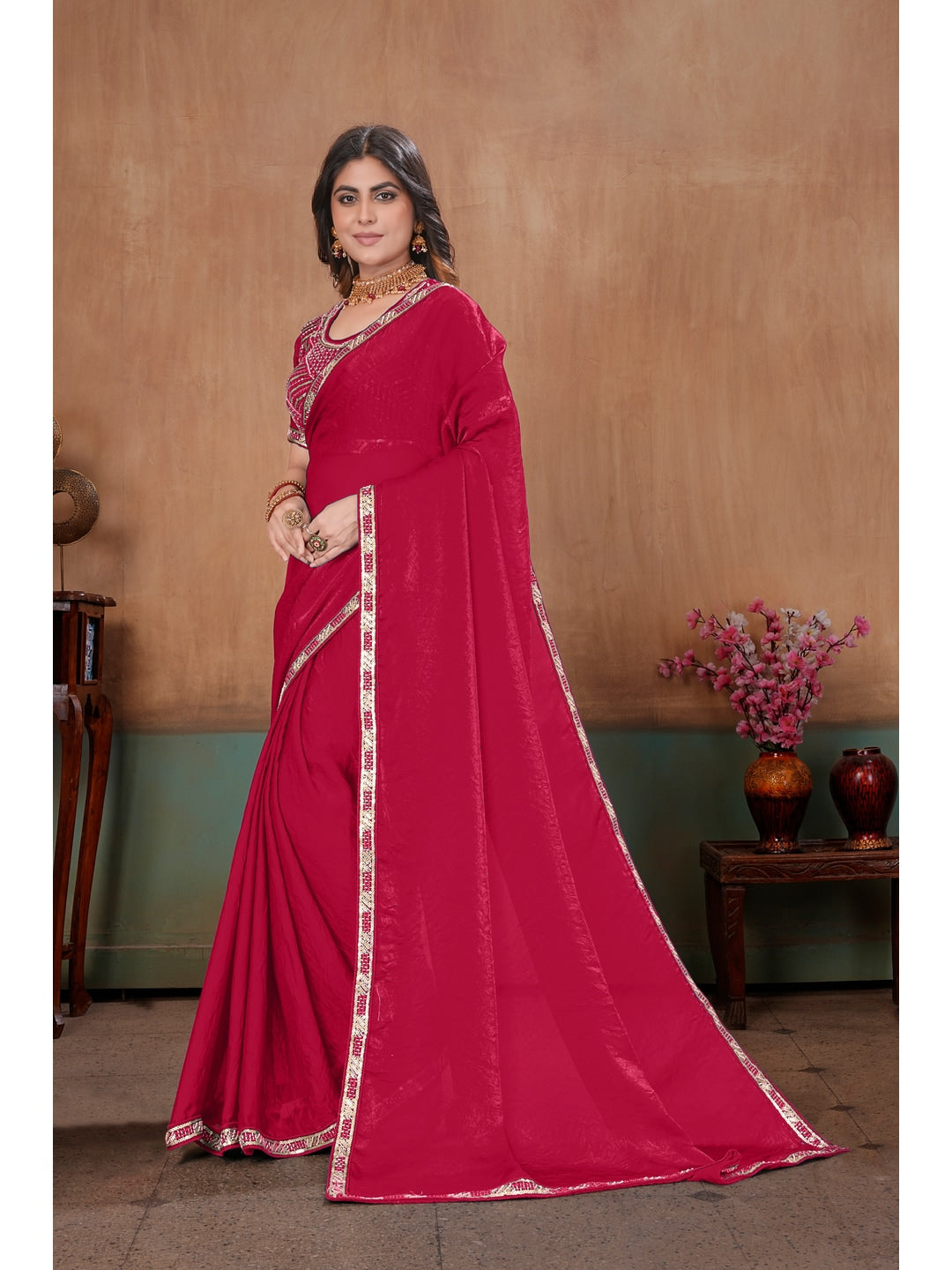 Peachmode Rani Pink Embroidered Fendy Satin Saree With Stitched Blouse - Image 1