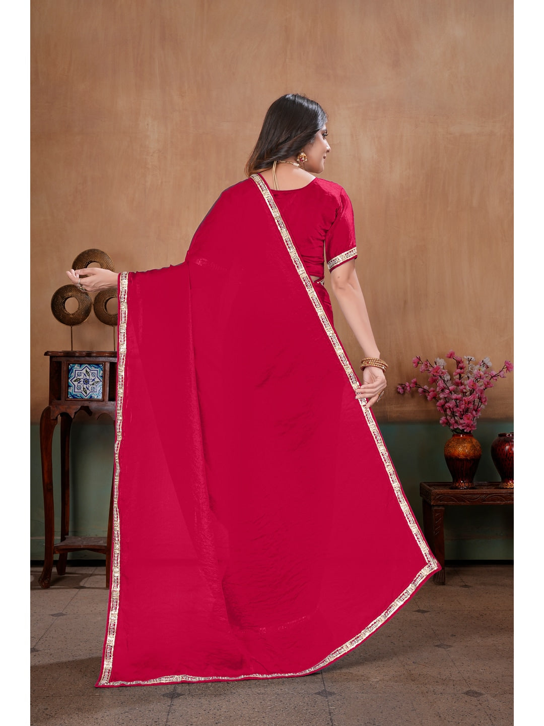 Peachmode Rani Pink Embroidered Fendy Satin Saree With Stitched Blouse - Image 3