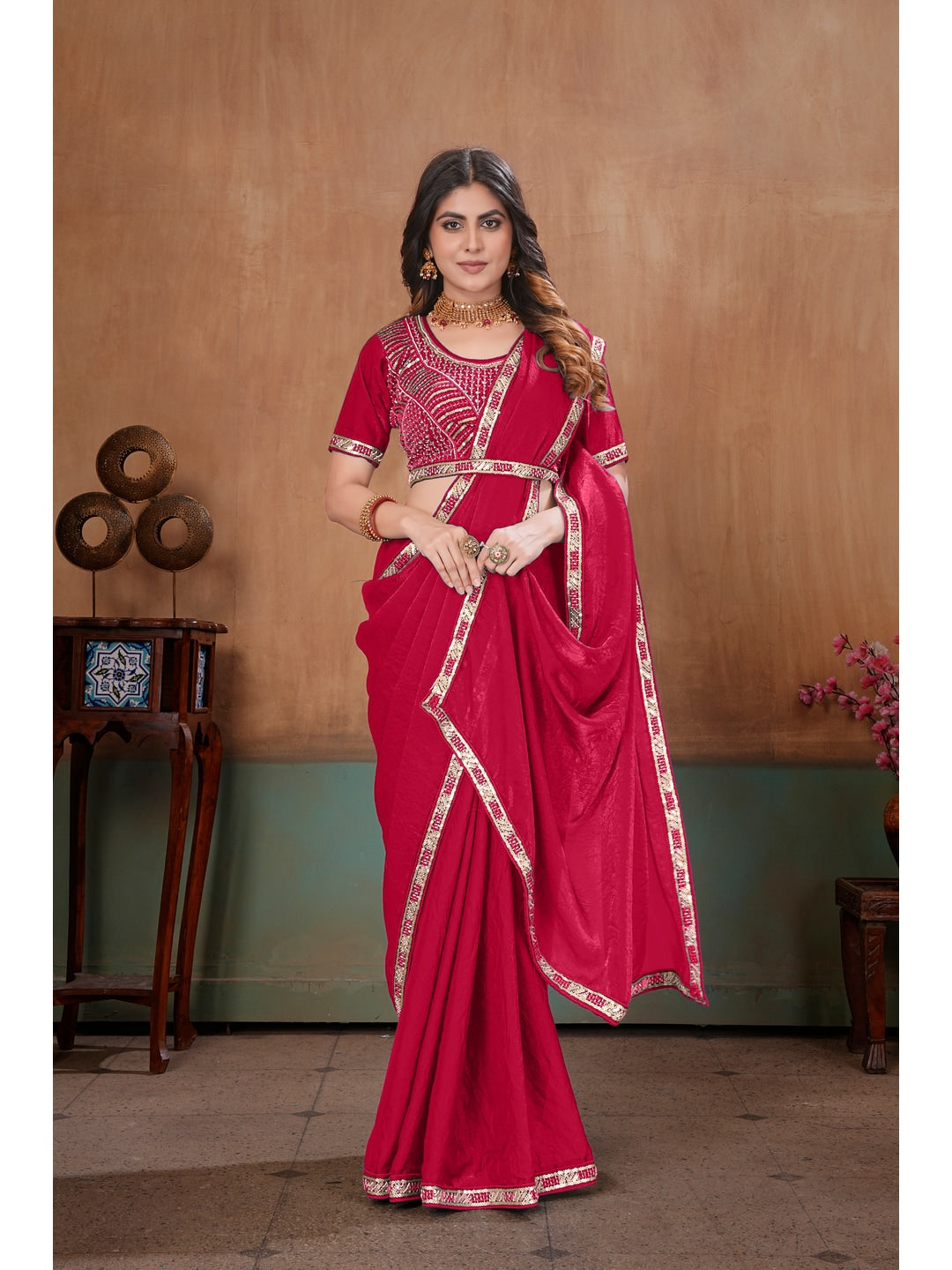Peachmode Rani Pink Embroidered Fendy Satin Saree With Stitched Blouse - Image 3
