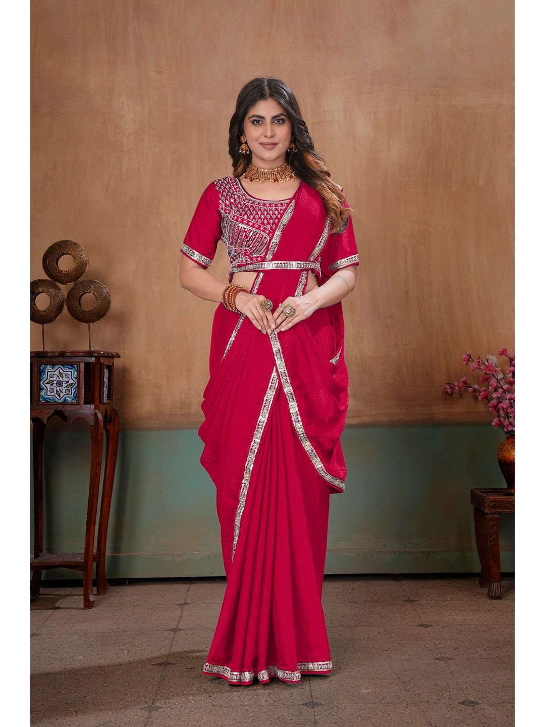 Peachmode Rani Pink Embroidered Fendy Satin Saree With Stitched Blouse - Image 4