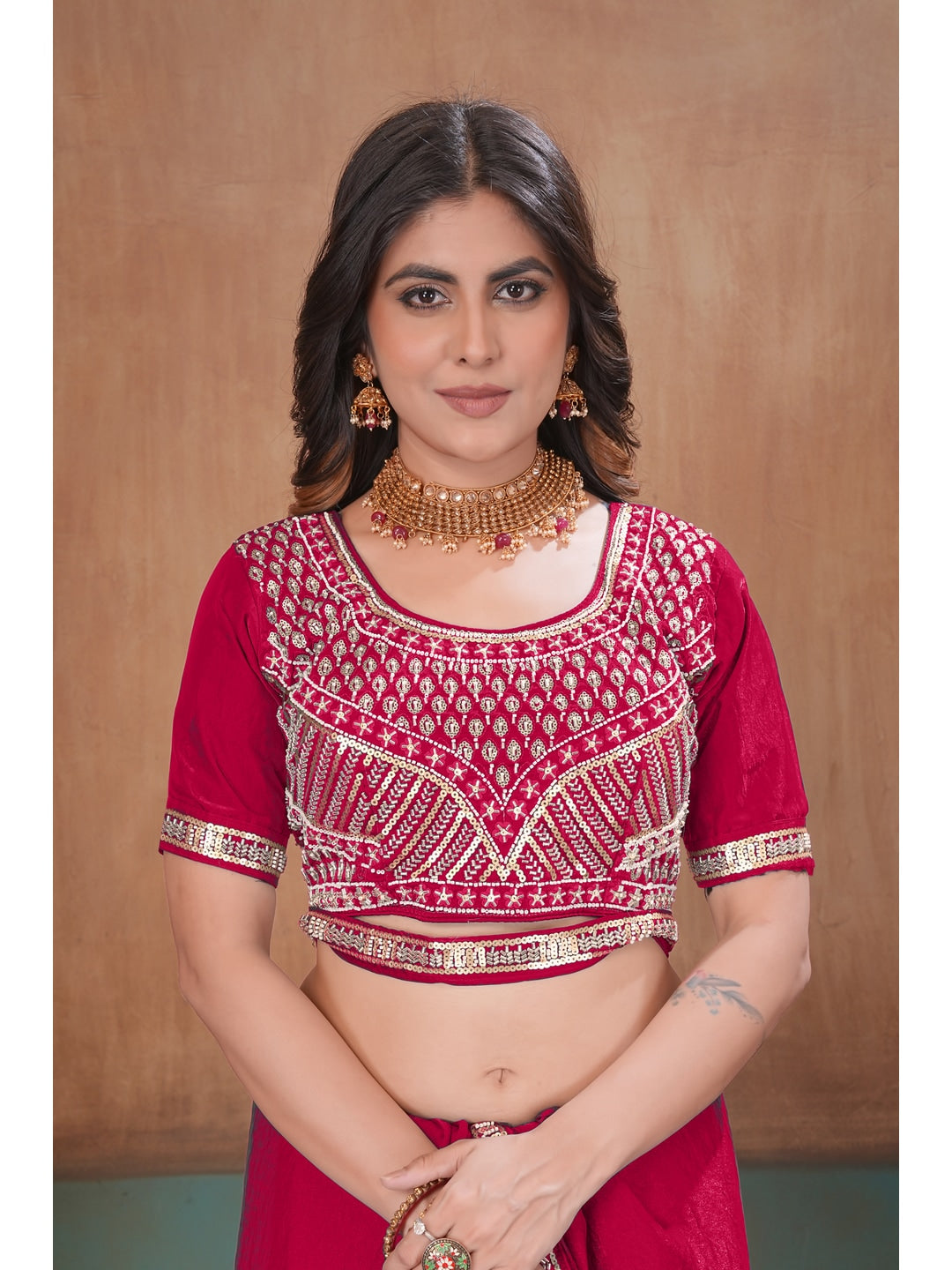 Peachmode Rani Pink Embroidered Fendy Satin Saree With Stitched Blouse - Image 5