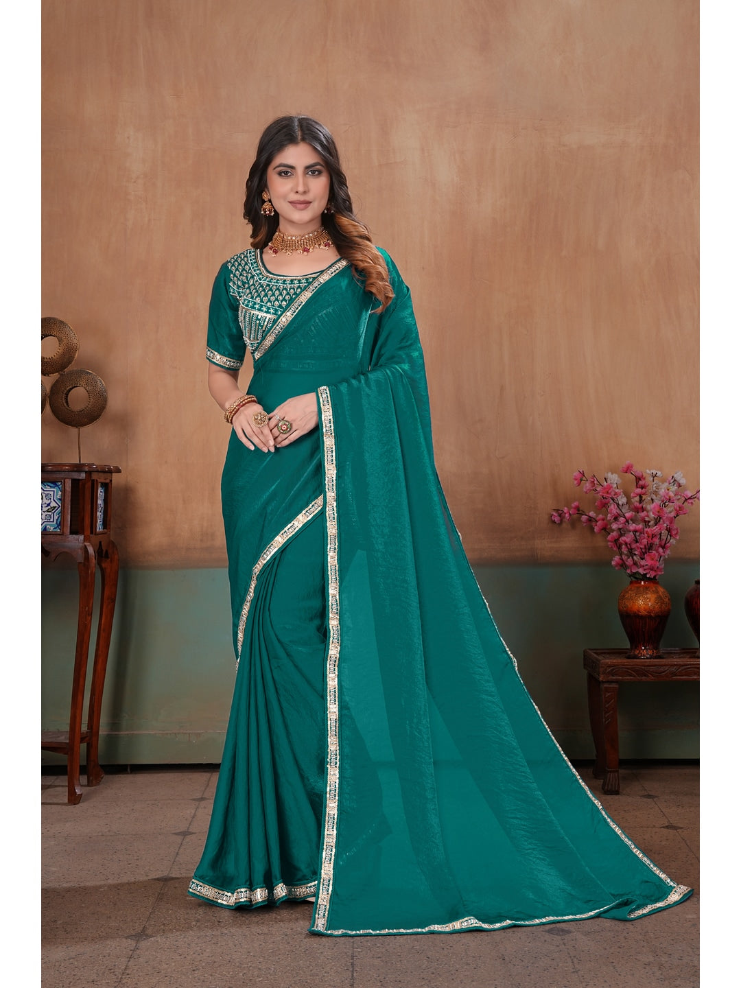 Peachmode Green Embroidered Fendy Satin Saree With Stitched Blouse - Image 1