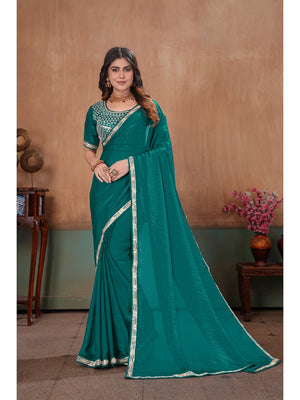 Peachmode Green Embroidered Fendy Satin Saree With Stitched Blouse - Image 1
