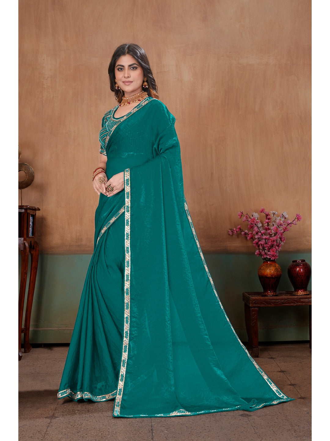 Peachmode Green Embroidered Fendy Satin Saree With Stitched Blouse - Image 2