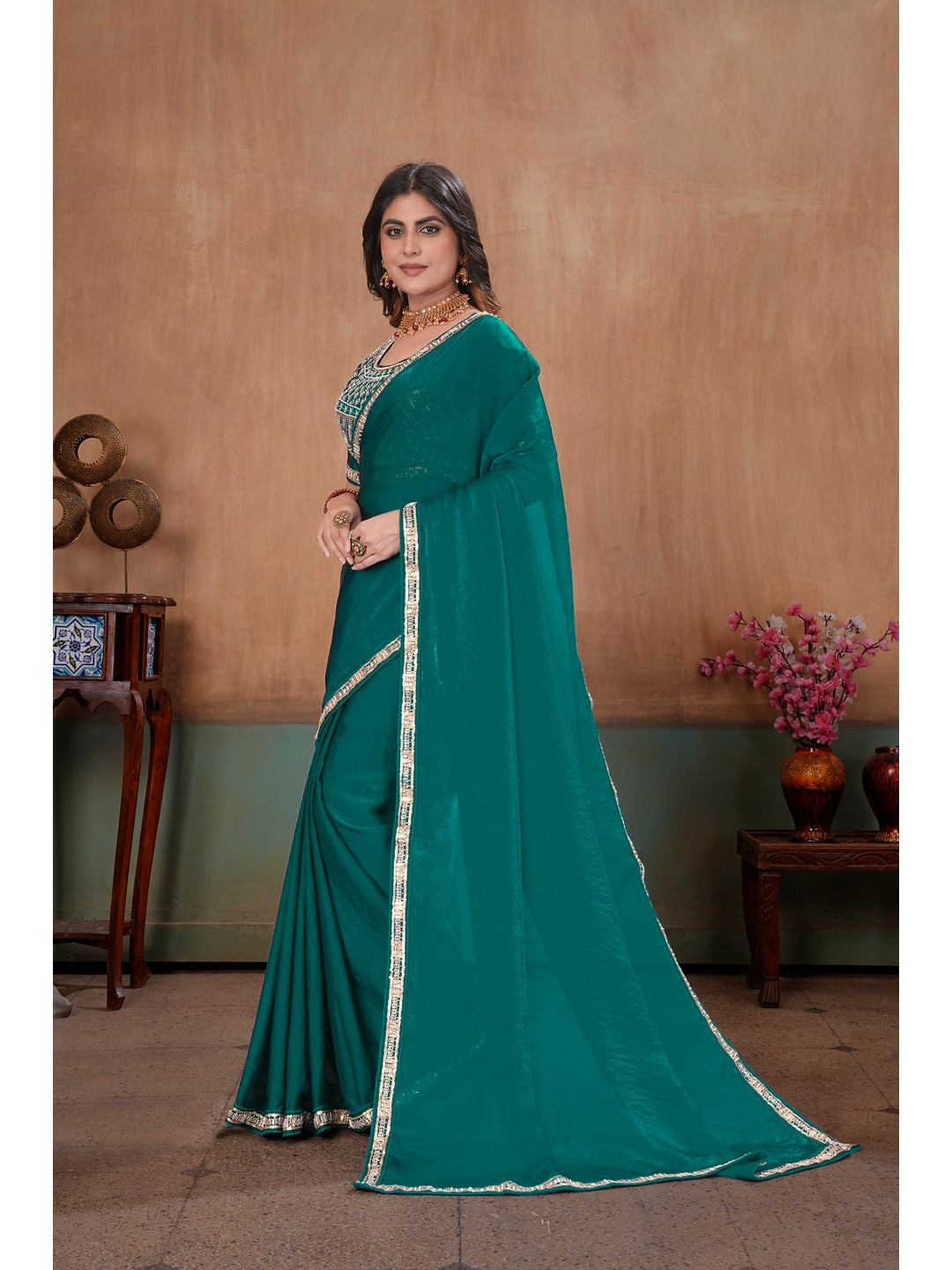 Peachmode Green Embroidered Fendy Satin Saree With Stitched Blouse - Image 2
