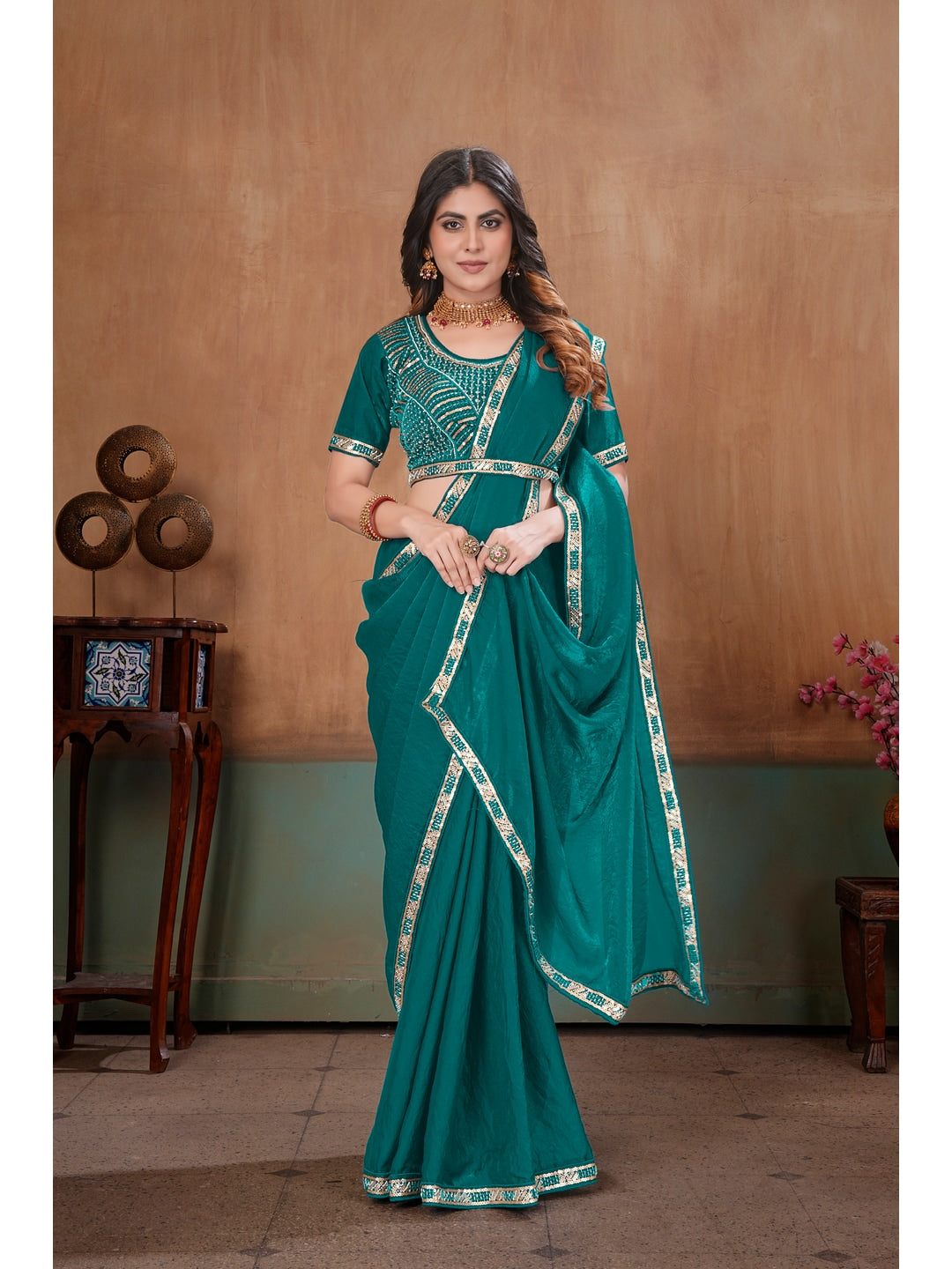 Peachmode Green Embroidered Fendy Satin Saree With Stitched Blouse - Image 4