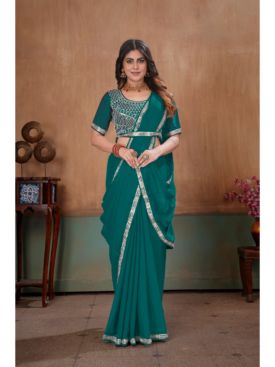 Peachmode Green Embroidered Fendy Satin Saree With Stitched Blouse - Image 4