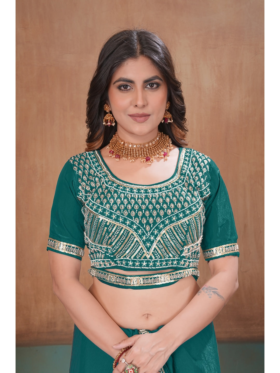 Peachmode Green Embroidered Fendy Satin Saree With Stitched Blouse - Image 5