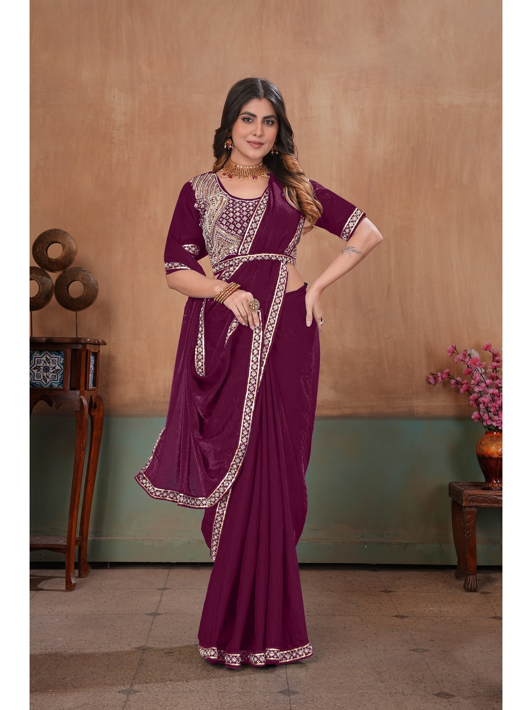 Peachmode Wine Embroidered Fendy Satin Saree With Stitched Blouse - Image 3