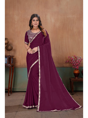 Peachmode Wine Embroidered Fendy Satin Saree With Stitched Blouse - Image 1