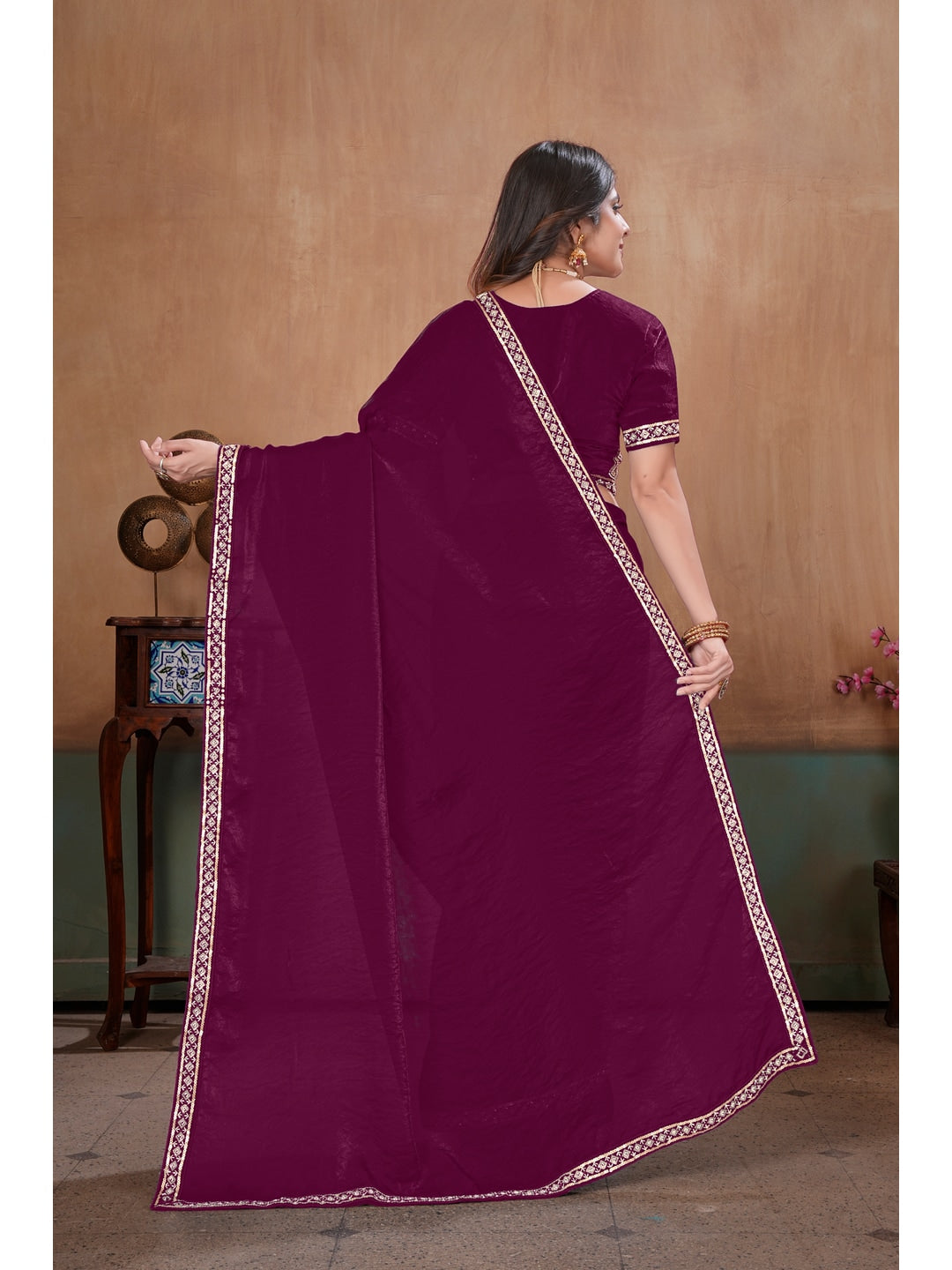 Peachmode Wine Embroidered Fendy Satin Saree With Stitched Blouse - Image 4