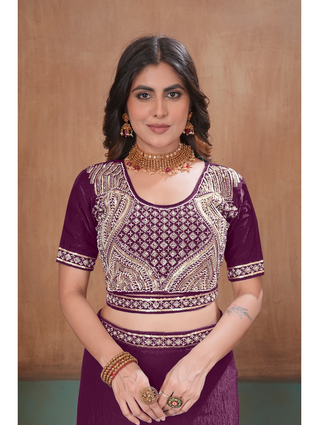 Peachmode Wine Embroidered Fendy Satin Saree With Stitched Blouse - Image 5
