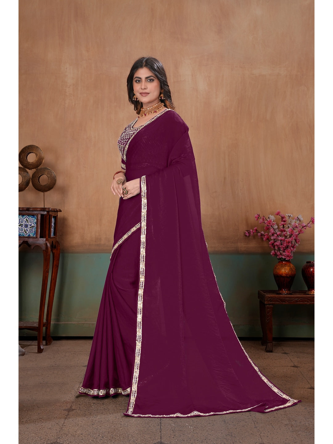 Peachmode Wine Embroidered Fendy Satin Saree With Stitched Blouse - Image 2