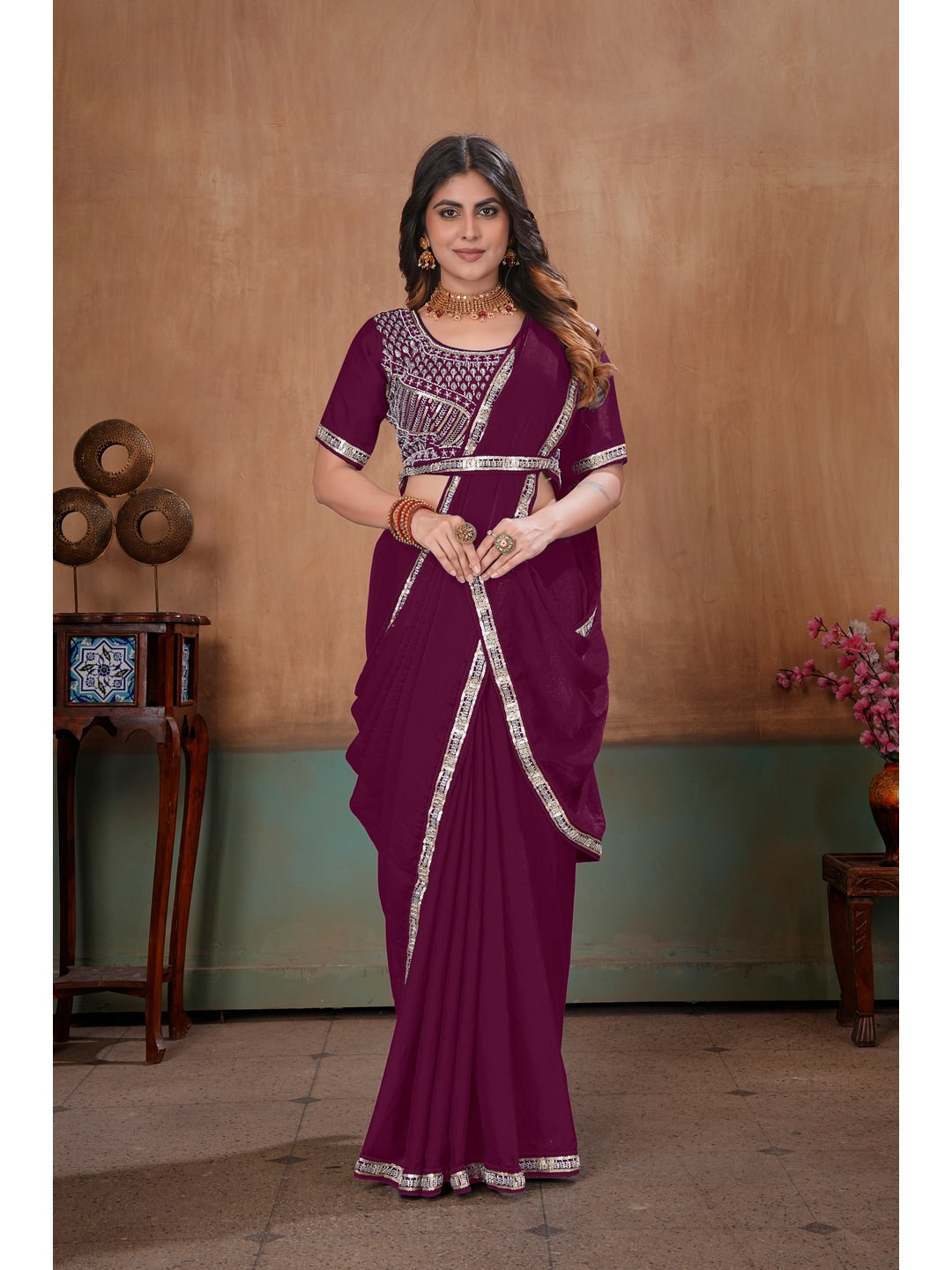 Peachmode Wine Embroidered Fendy Satin Saree With Stitched Blouse - Image 4