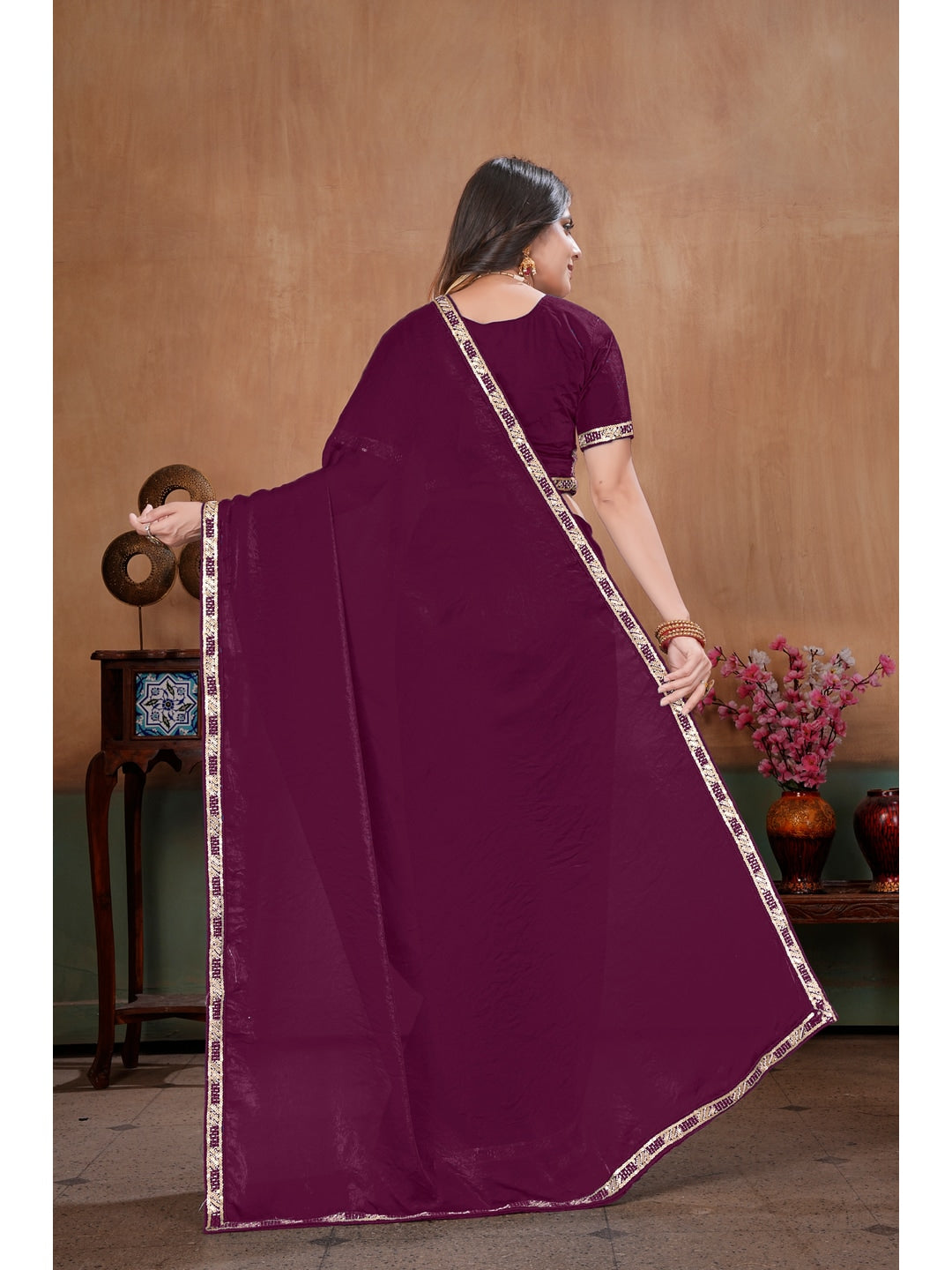 Peachmode Wine Embroidered Fendy Satin Saree With Stitched Blouse - Image 3