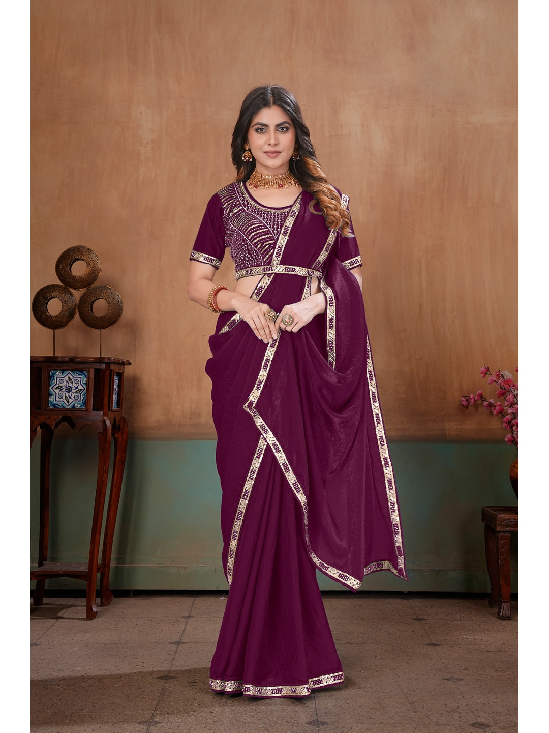 Peachmode Wine Embroidered Fendy Satin Saree With Stitched Blouse - Image 4